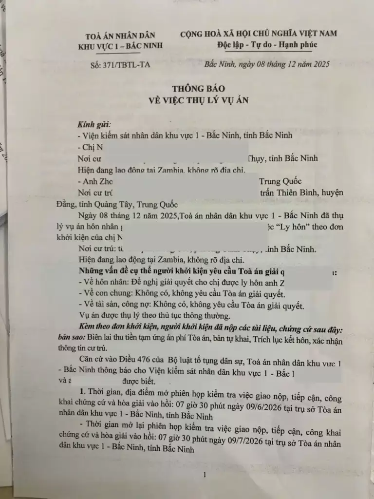 Thông báo thụ lý vụ án ly hôn đơn phương với người nước ngoài
