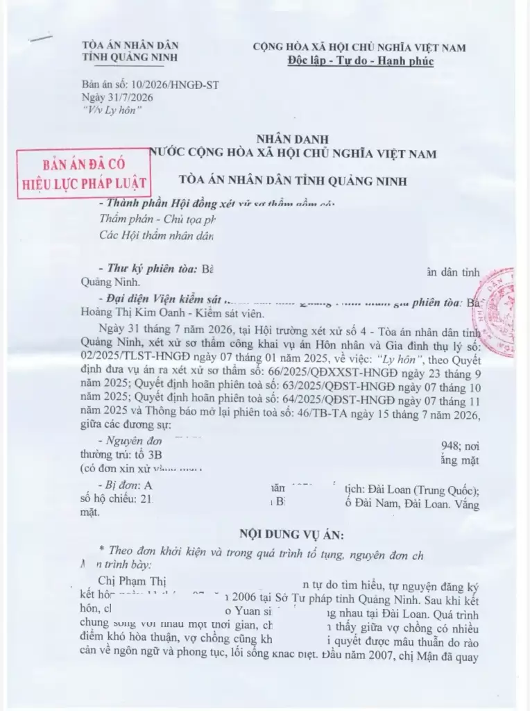 Bản án ly hôn đơn phương với người nước ngoài có hiệu lực pháp luật