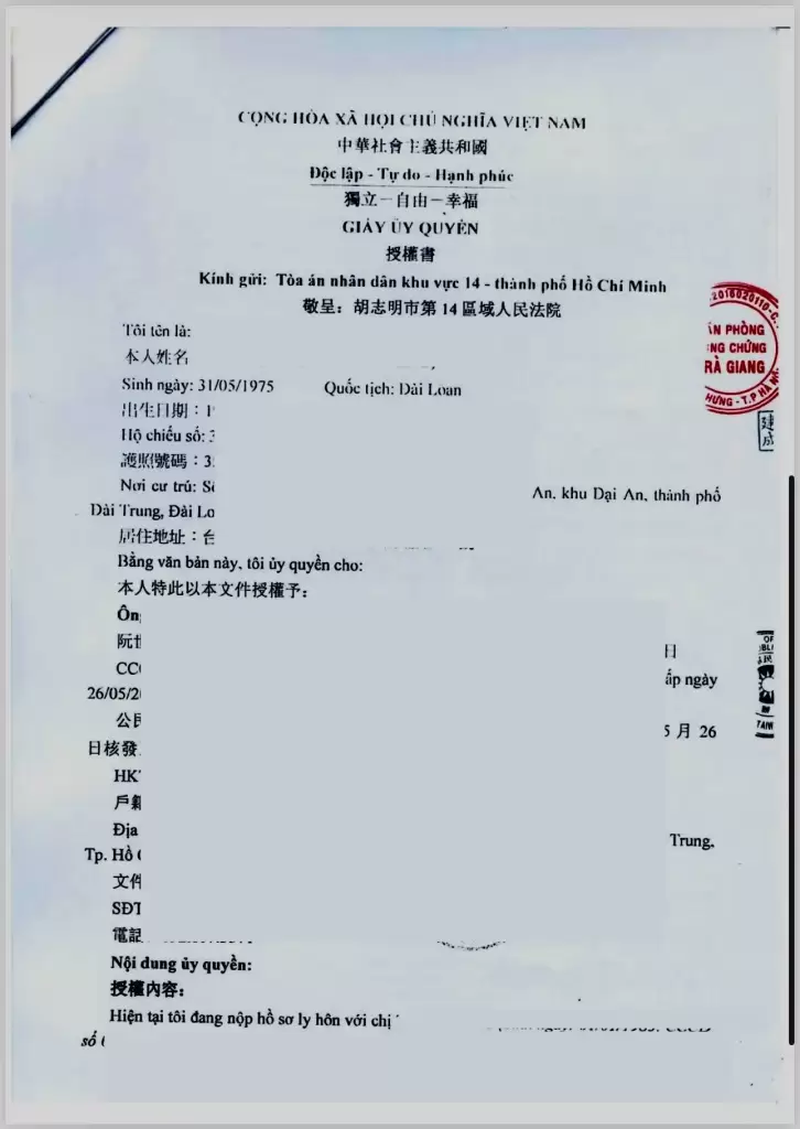 Giấy ủy quyền làm thủ tục ly hôn đơn phương