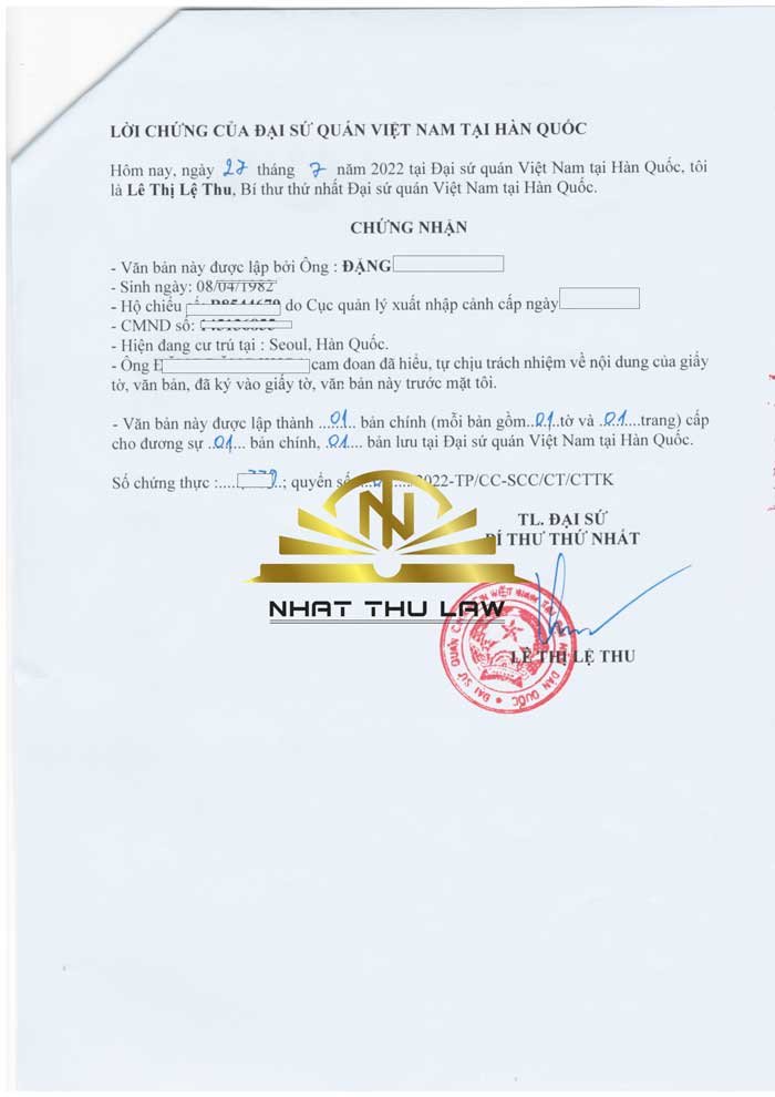 Chứng thực chữ ký tại Đại sứ quán Việt Nam tại Hàn Quốc để ly hôn