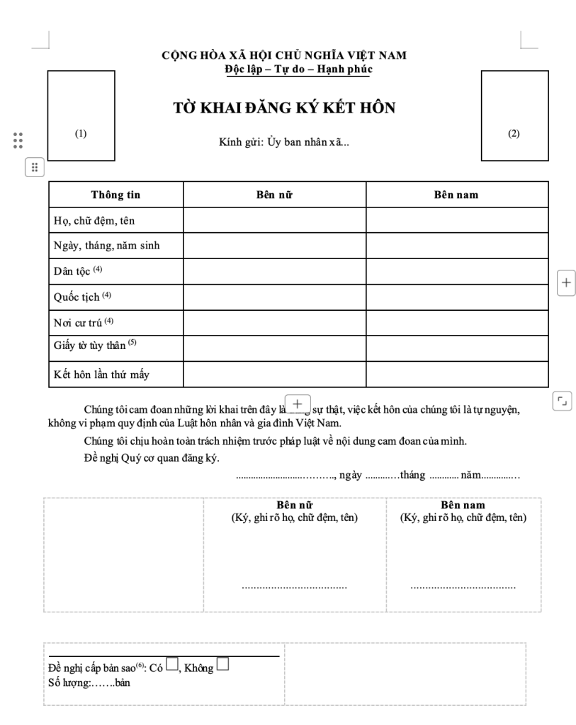 Mẫu tờ khai đăng ký kết hôn