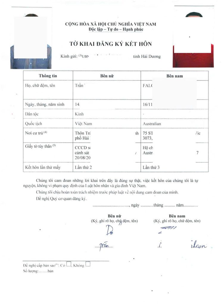 Tờ khai đăng ký kết hôn đủ thông tin