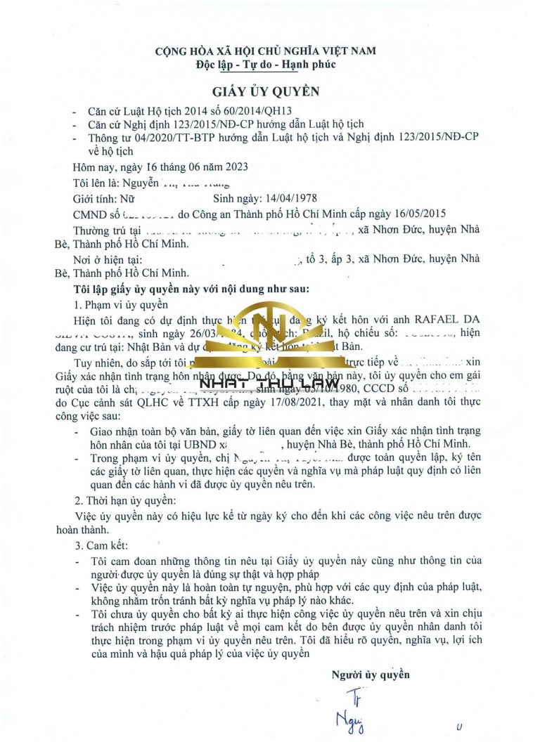 Uỷ quyền xin xác nhận độc thân khi ở nước ngoài
