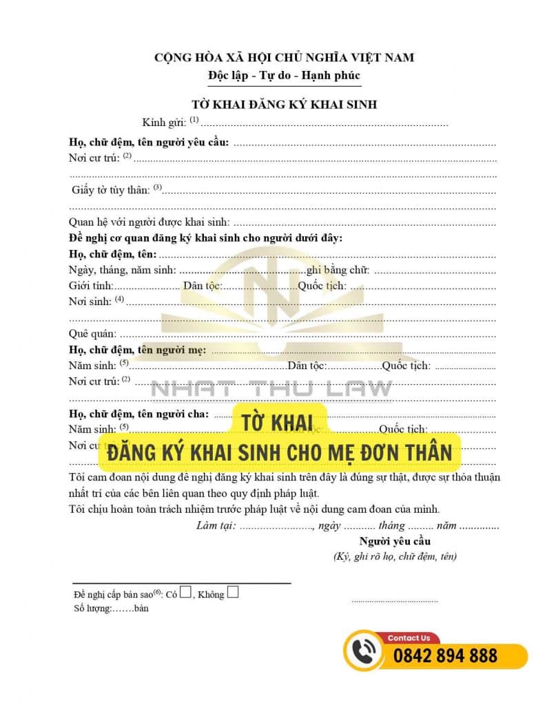 Tờ khai đăng ký khai sinh cho mẹ đơn thân