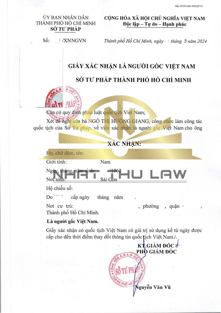 Mẫu giấy xác nhận là người gốc Việt Nam