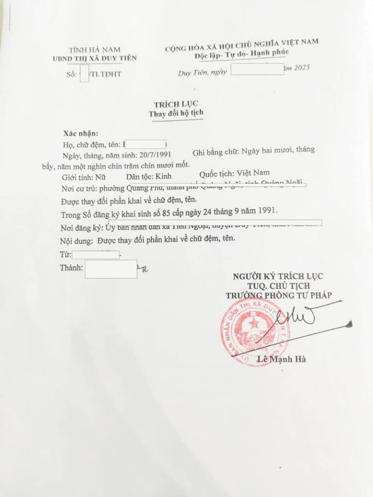 kết quả dịch vụ đổi tên khai sinh