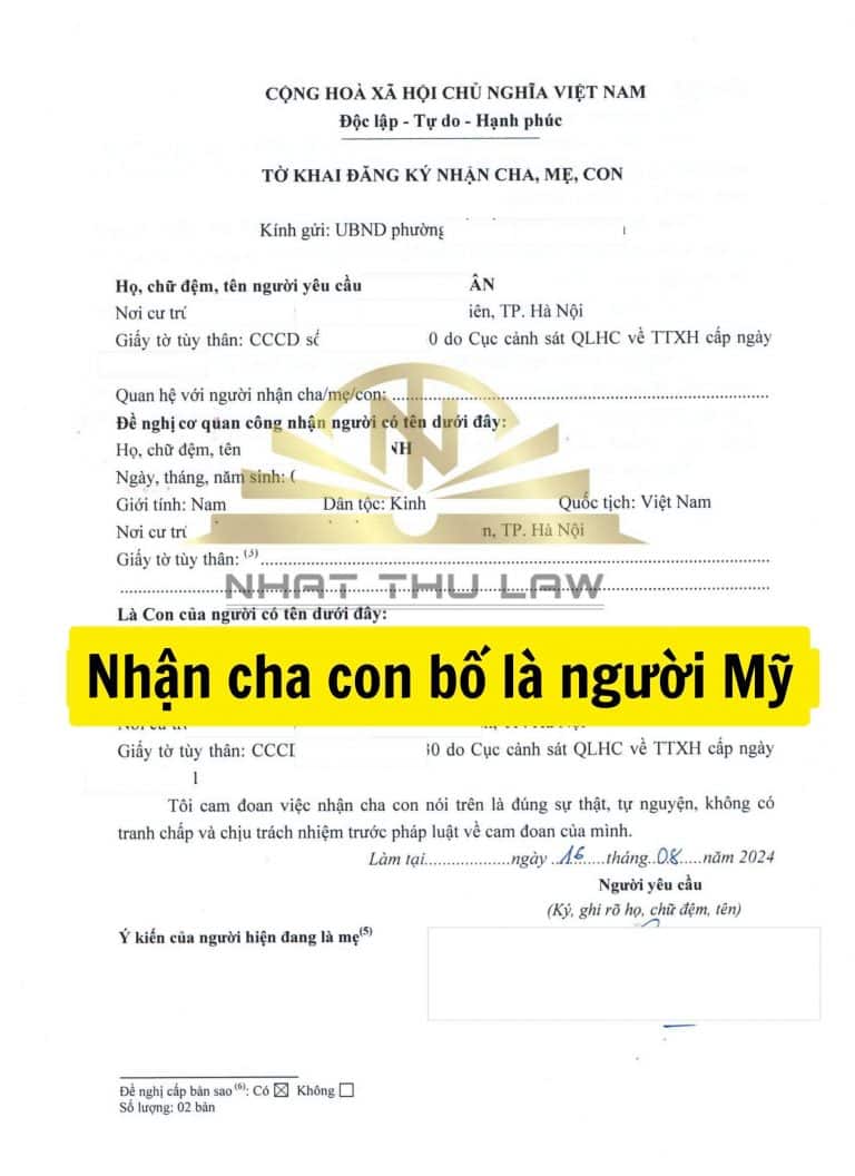 Tờ khai nhận cha con bố là người Mỹ