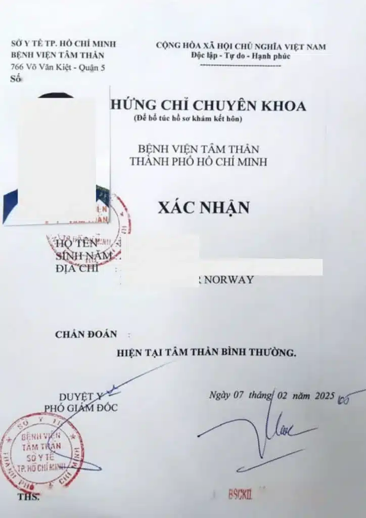 Chứng chỉ chuyên khoa tâm thần bổ túc hồ sơ khám sức khỏe kết hôn, đã che thông tin khách hàng