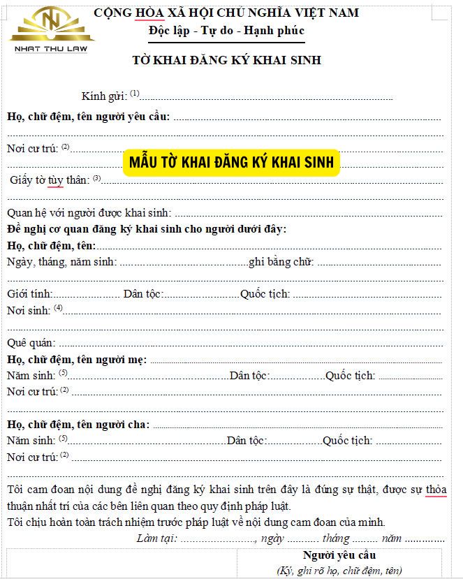 Mẫu tờ khai đăng ký khai sinh
