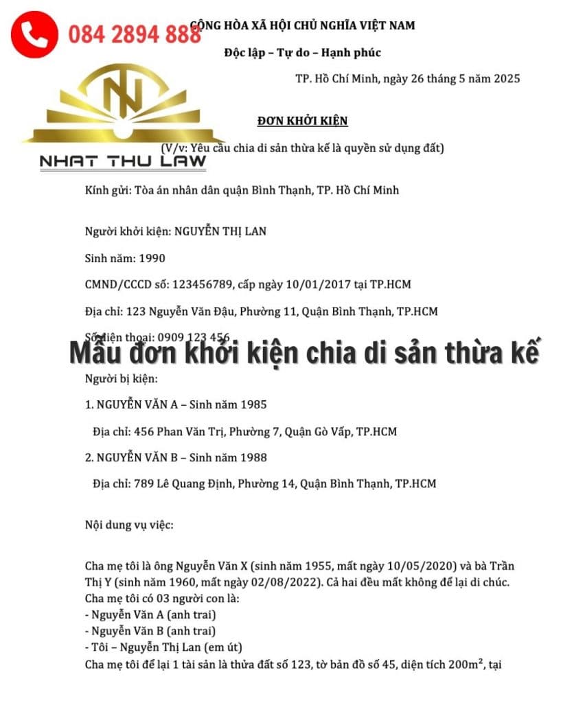 Mẫu đơn khởi kiện chia di sản thừa kế