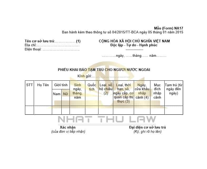 Phiếu khai báo tạm trú cho người nước ngoài
