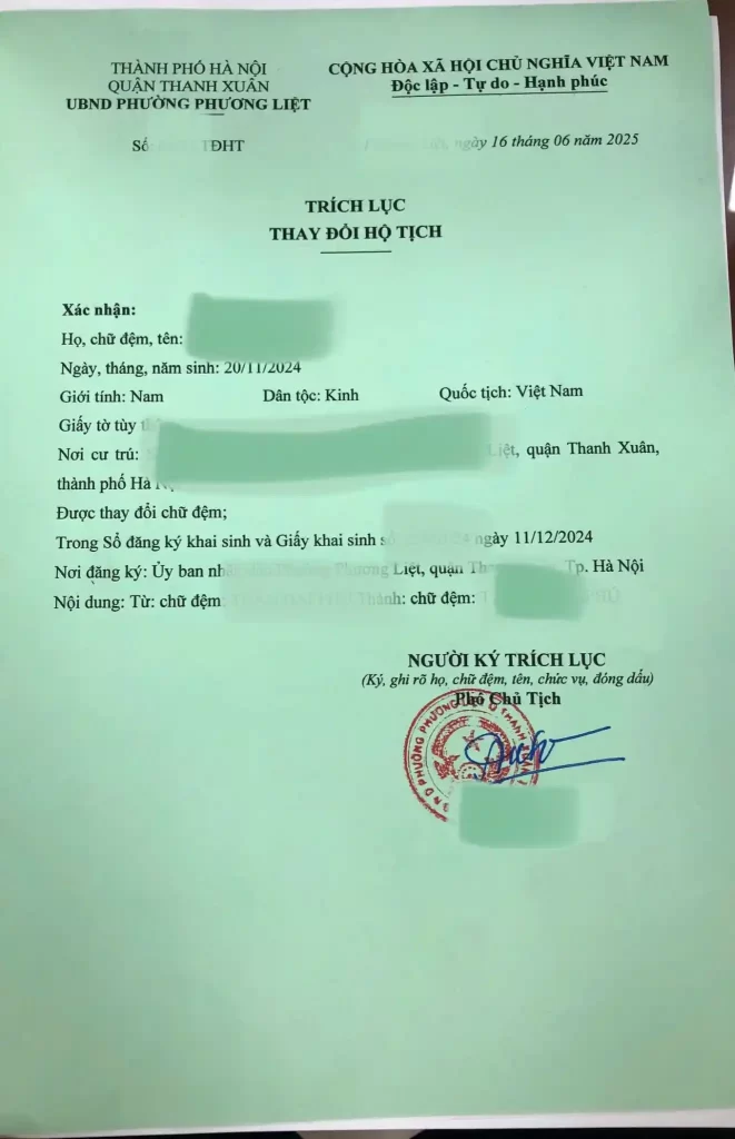 Trích lục đổi tên khai sinh cho con