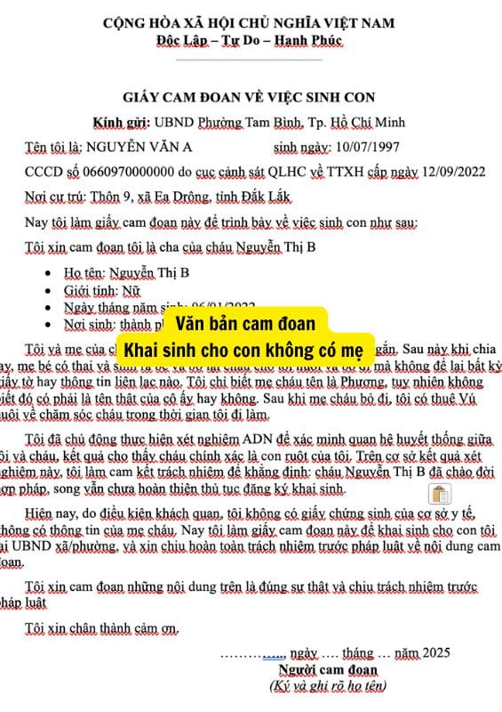 Mẫu giấy cam đoan không ghi tên mẹ trên giấy khai sinh