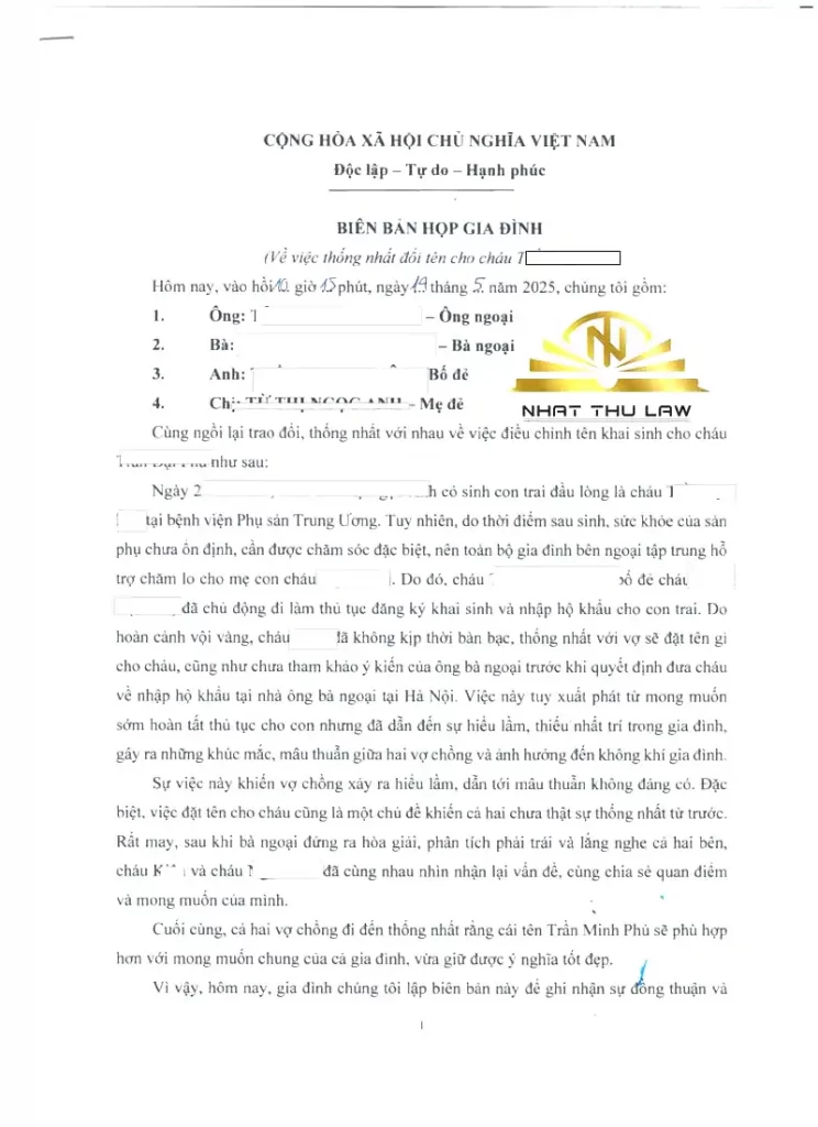 Biên bản họp gia đình đổi tên cho con