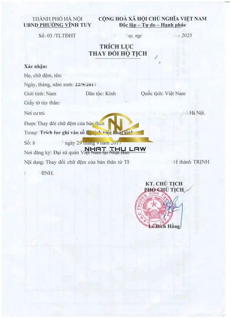 trích lục thay đổi tên khai sinh cho con