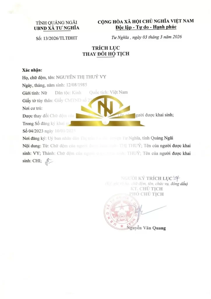 trích lục thay đổi tên đệm khai sinh