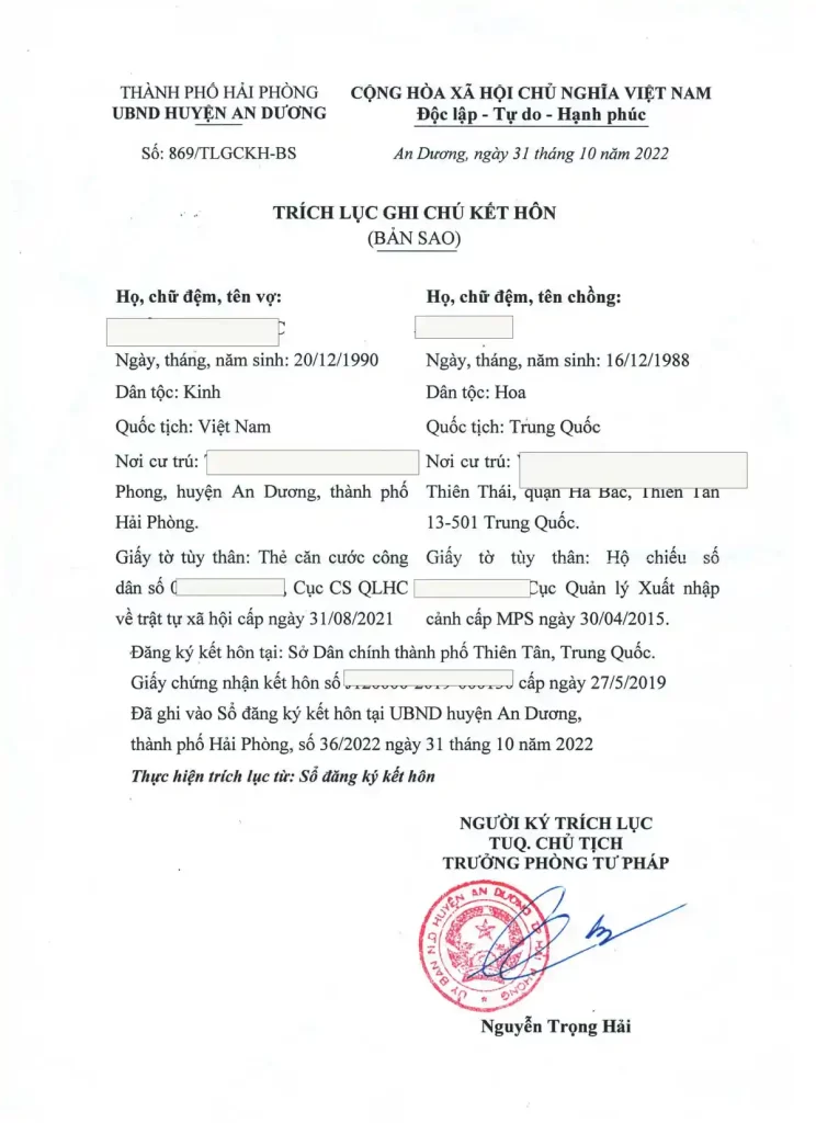 Trích lục ghi chú kết hôn