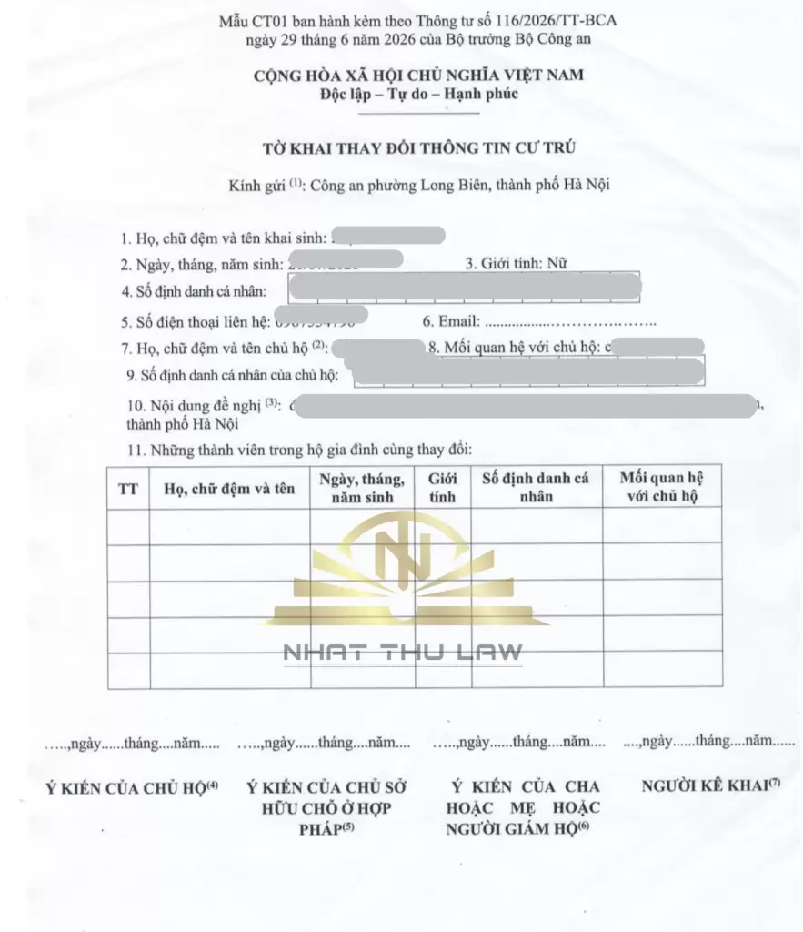 Mẫu tờ khai CT01 tờ khai thay đổi thông tin cư trú
