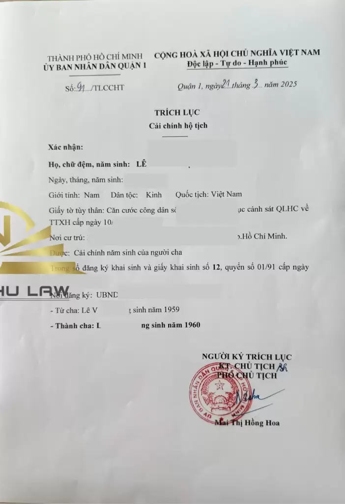 trích lục cải chính hộ tịch năm sinh
