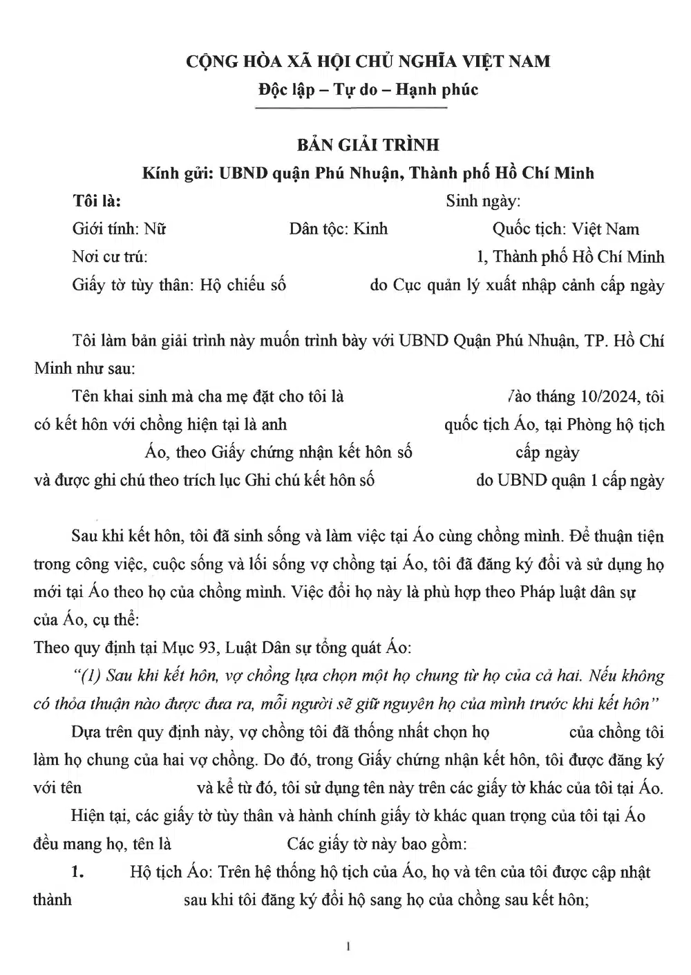 Trang 1 bản giải trình đổi họ theo họ chồng người nước ngoài
