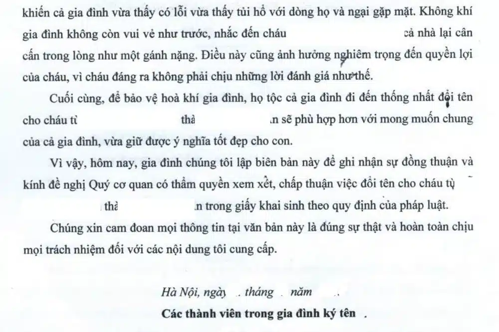 Biên bản họp gia đình đổi tên cho con trong hồ sơ đã được chấp thuận