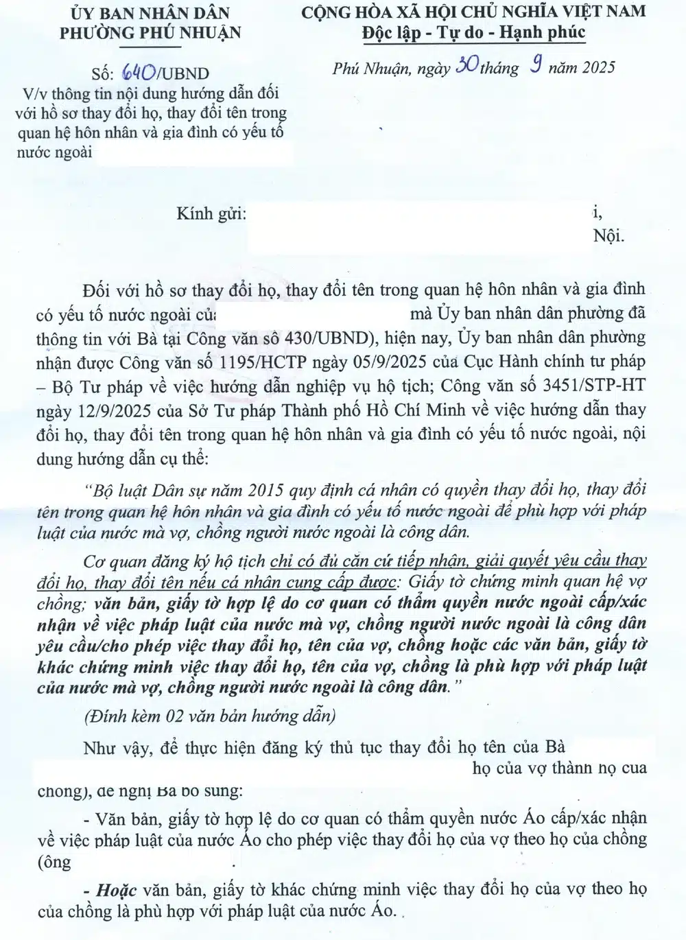 Công văn của Ủy ban nhân dân phường trả lời hồ sơ đổi họ theo họ chồng người nước ngoài