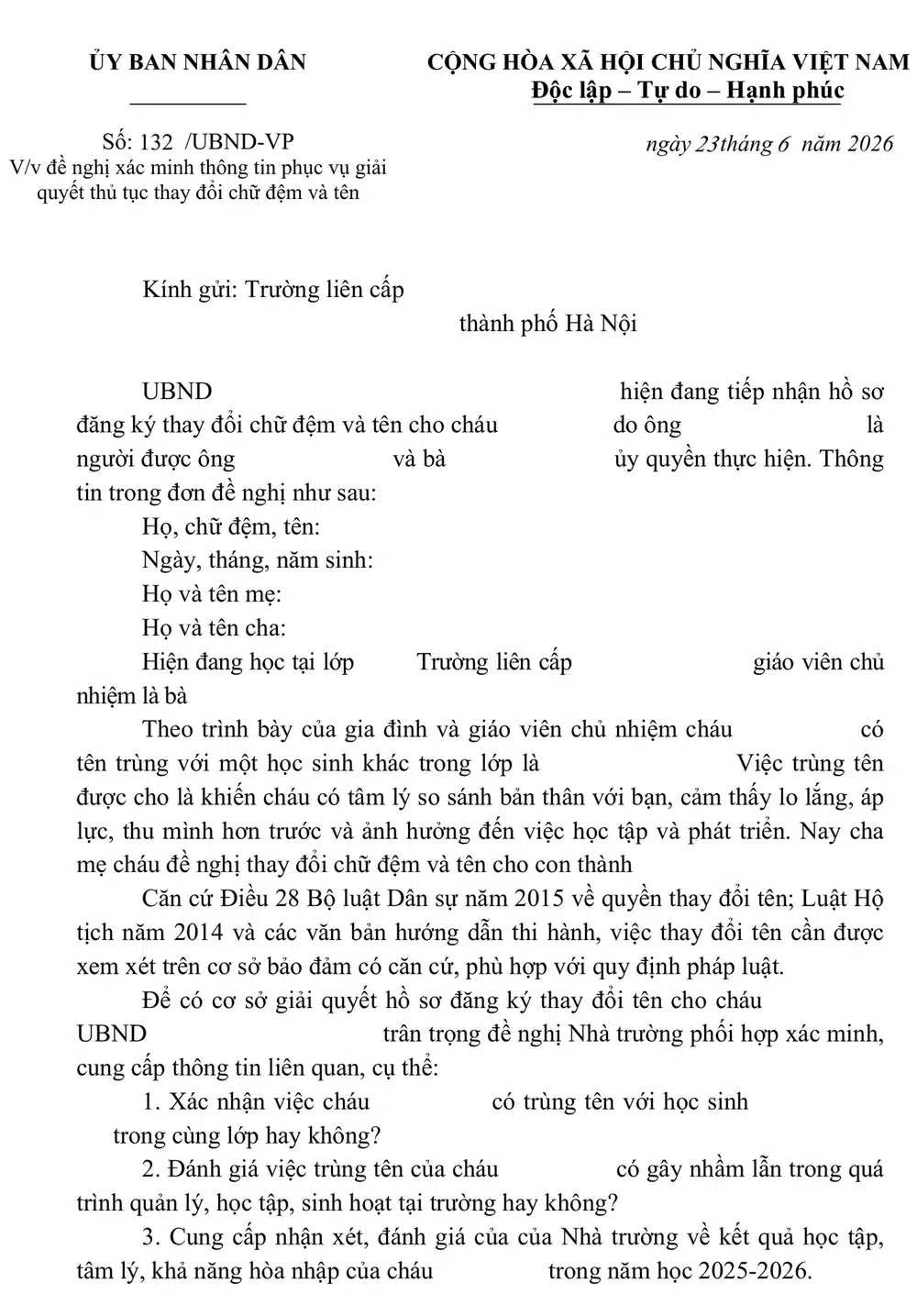 Công văn của UBND phường đề nghị nhà trường xác minh thông tin để giải quyết hồ sơ đổi tên cho con