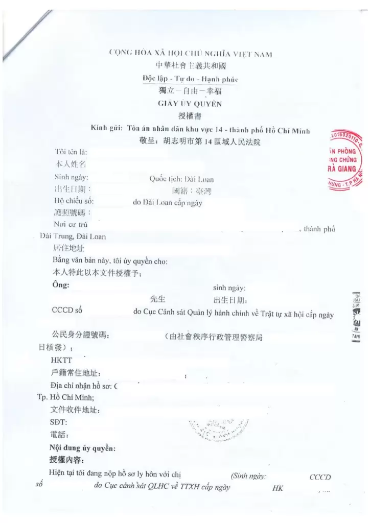 giấy ủy quyền ly hôn cho người nước ngoài
