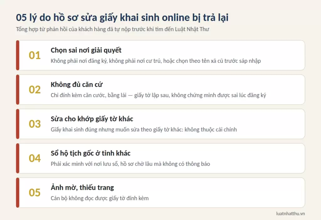 05 lý do hồ sơ sửa giấy khai sinh online bị trả lại