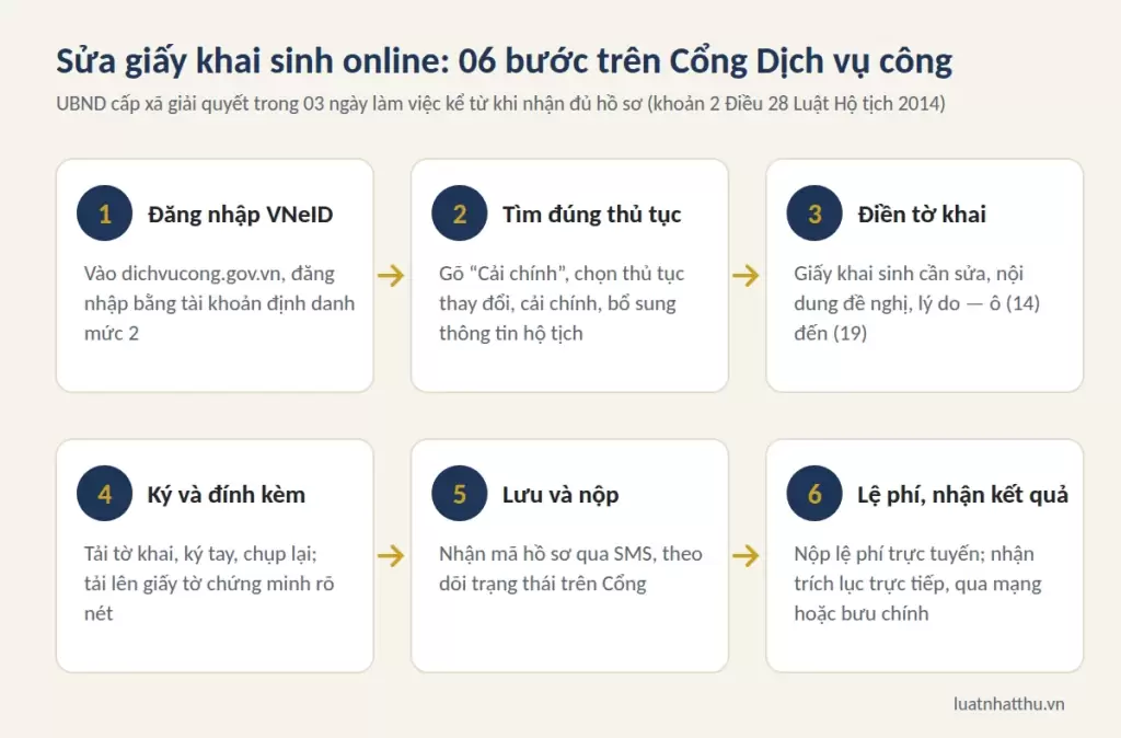Quy trình 06 bước sửa giấy khai sinh online trên Cổng Dịch vụ công