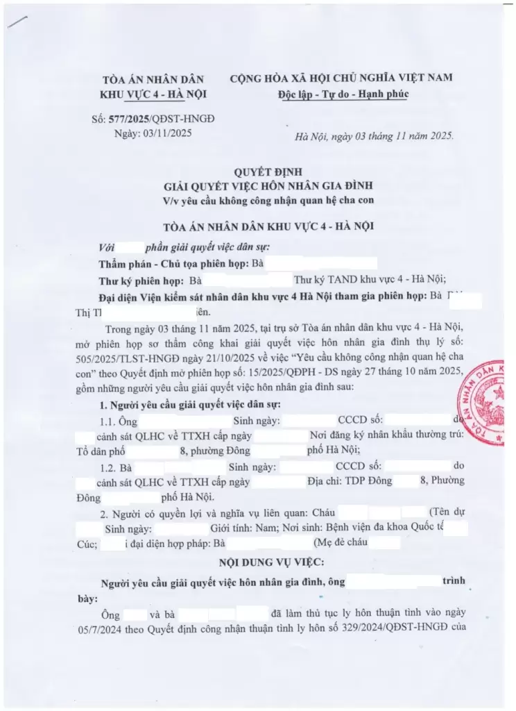 Quyết định không công nhận quan hệ cha con