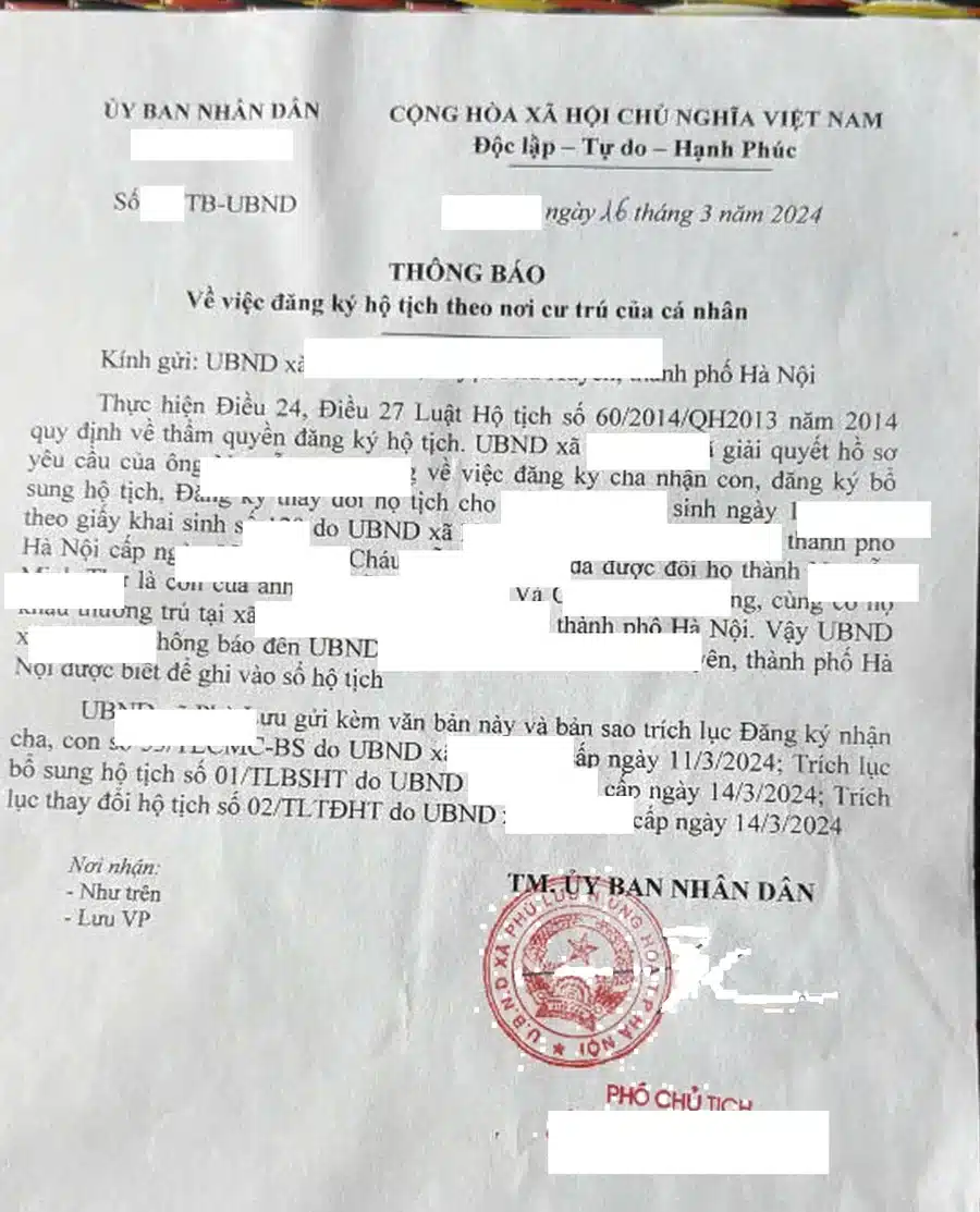Thông báo gửi nơi đăng ký khai sinh để ghi vào sổ hộ tịch sau khi đổi họ cho con