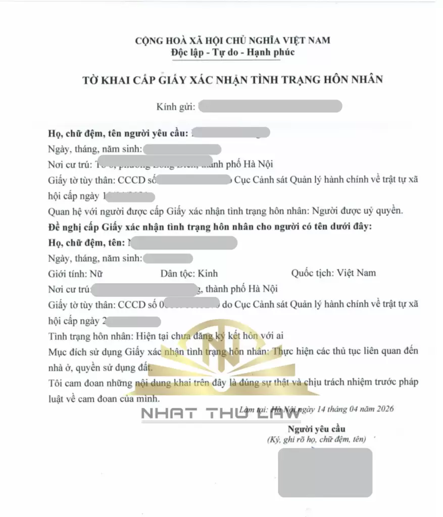 Tờ khai xin cấp giấy xác nhận tình trạng hôn nhân