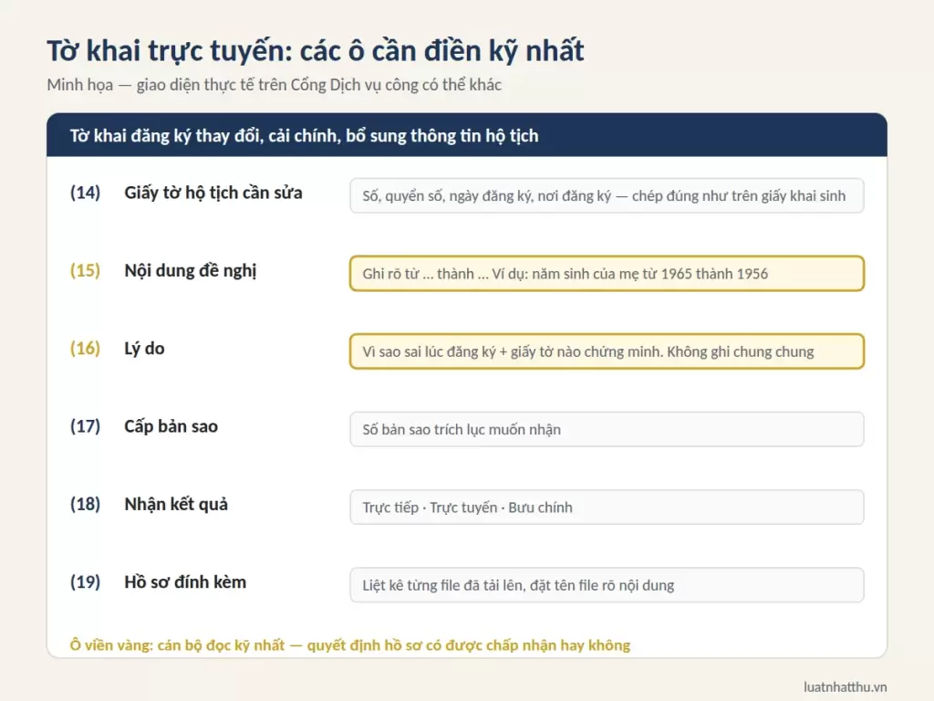 Các ô cần điền trên tờ khai sửa giấy khai sinh online