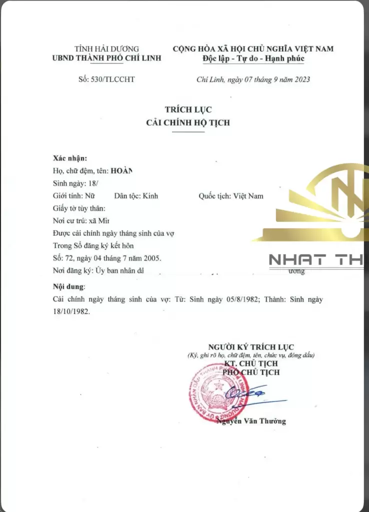 trích lục cải chính hộ tịch ngày tháng sinh trên giấy đăng ký kết hôn