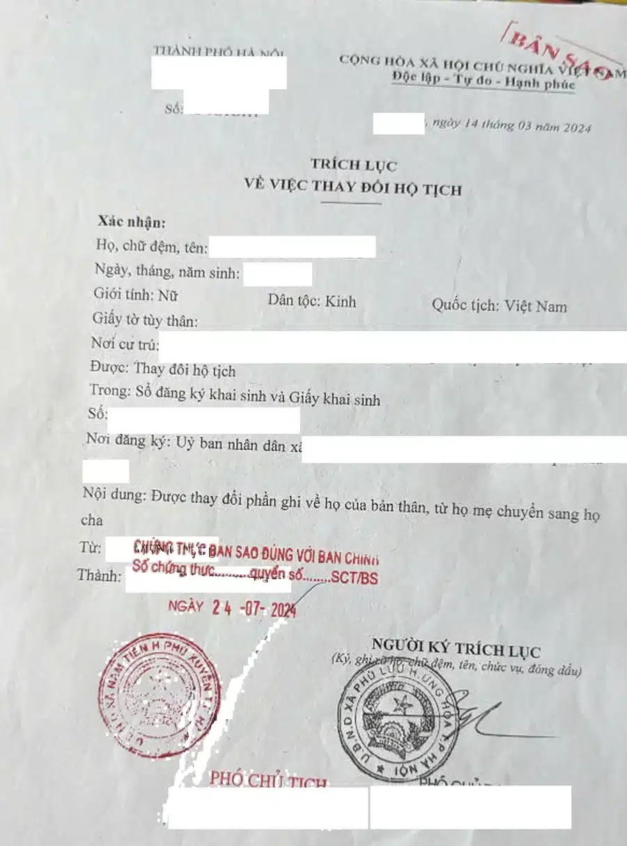 Trích lục thay đổi hộ tịch đổi họ cho con từ họ mẹ sang họ cha