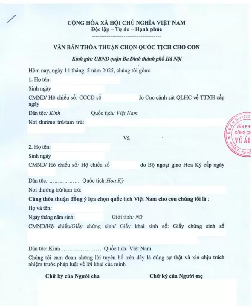 Văn bản thỏa thuận lựa chọn quốc tịch cho con công chứng