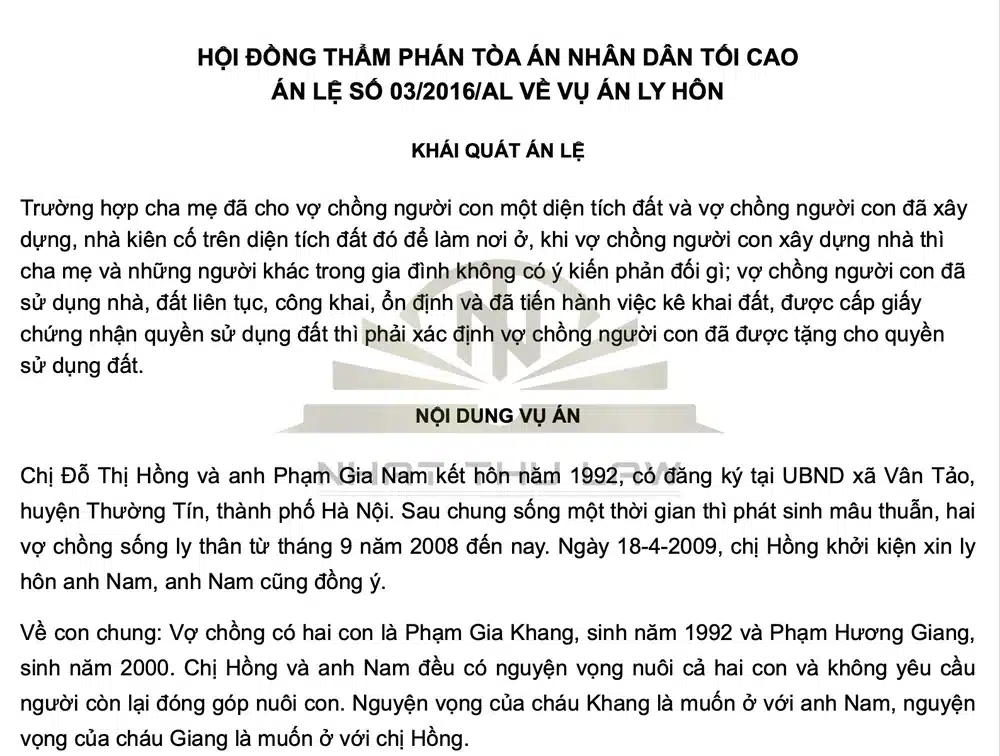 Án lệ số 03/2016/AL về nhà đất cha mẹ cho vợ chồng người con khi ly hôn
