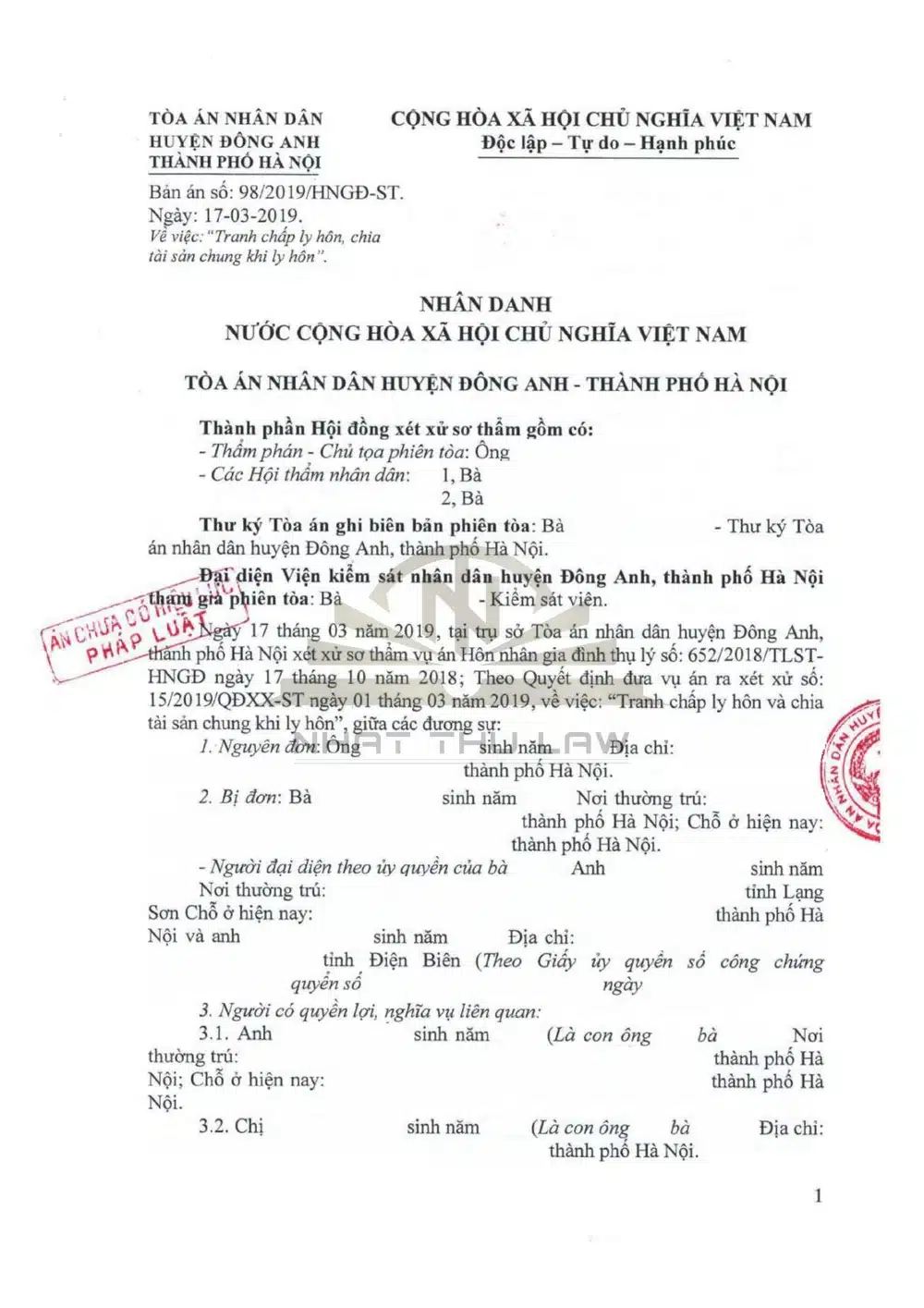 Trang đầu bản án ly hôn, chia tài sản chung là nhà đất bố mẹ chồng cho, đã che thông tin đương sự