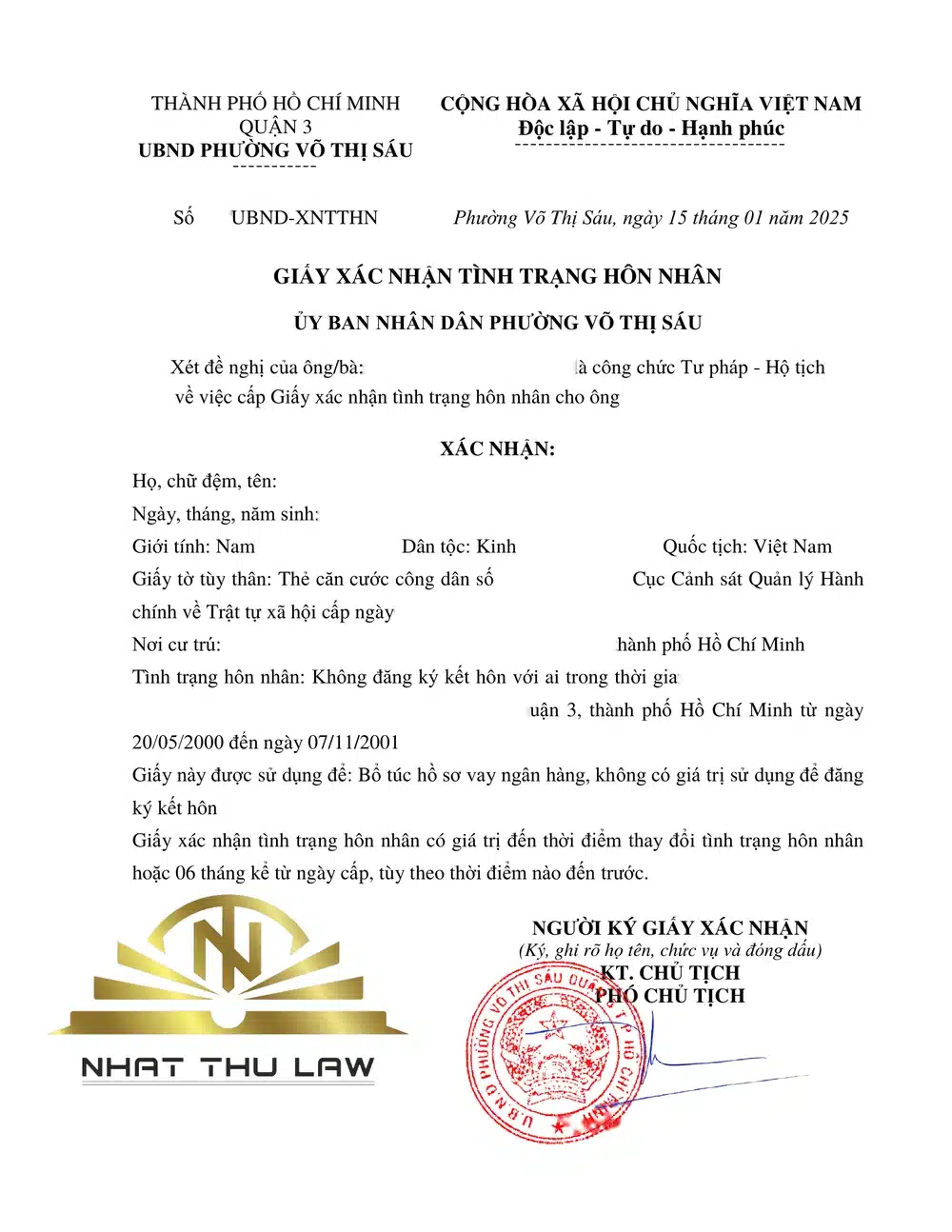 Giấy xác nhận tình trạng hôn nhân do UBND cấp xã cấp, thông tin cá nhân đã được che