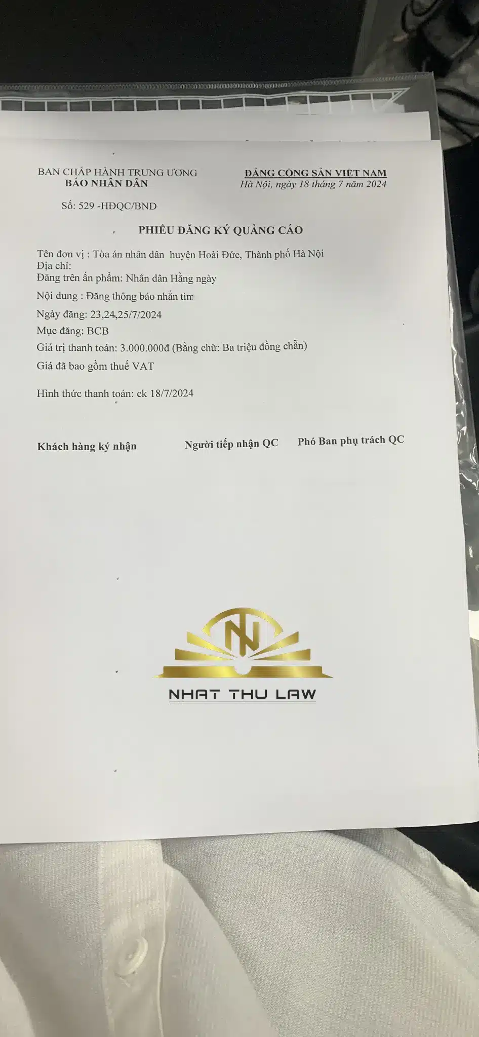 Phiếu đăng ký đăng thông báo tìm bị đơn vụ ly hôn trên Báo Nhân dân, chi phí 3.000.000đ