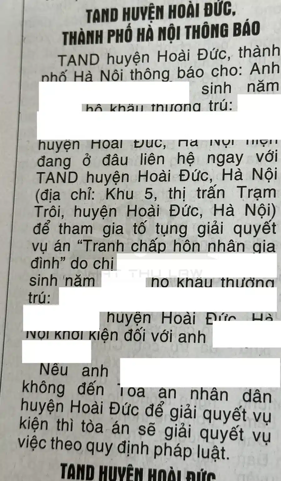 Thông báo tìm bị đơn vụ ly hôn của Tòa án đăng trên Báo Nhân dân Hằng ngày