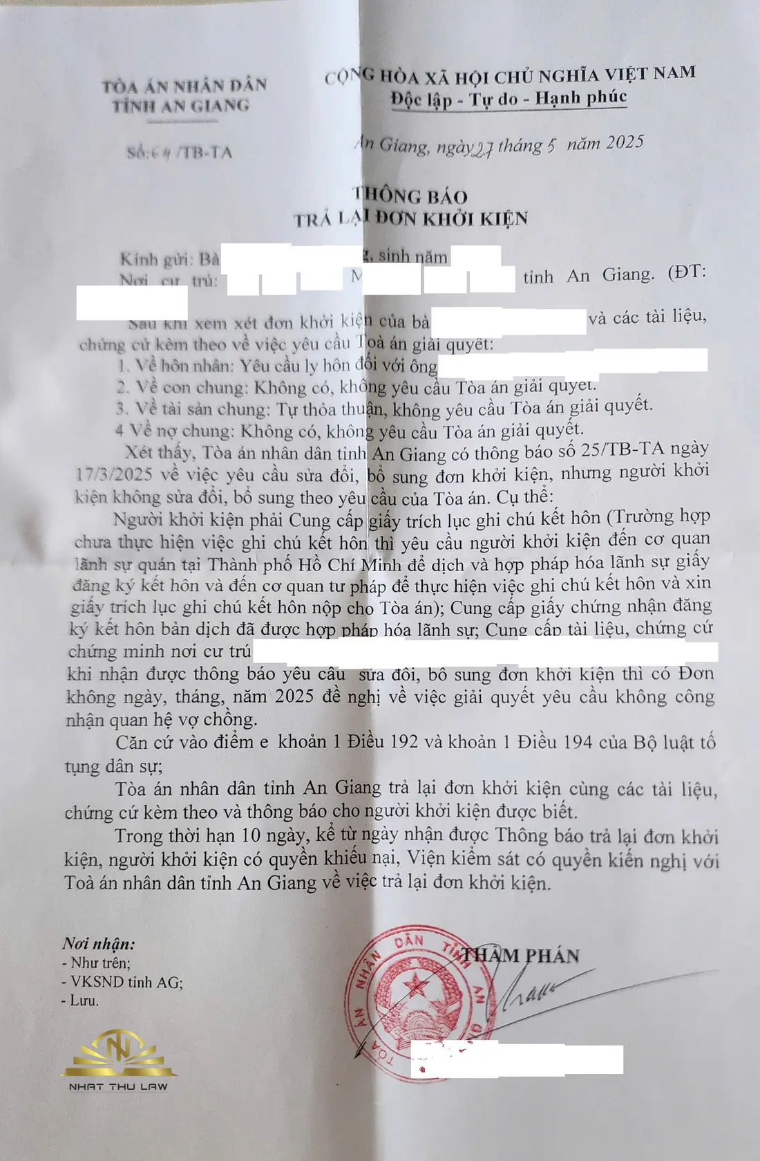 Thông báo trả lại đơn khởi kiện ly hôn của Tòa án nhân dân tỉnh An Giang, đã che thông tin khách hàng