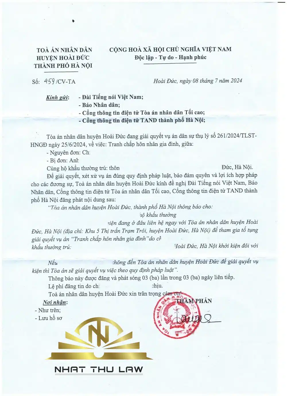 Công văn Tòa án đề nghị Đài Tiếng nói Việt Nam và Báo Nhân dân đăng thông báo tìm bị đơn vụ ly hôn, đã che thông tin khách hàng