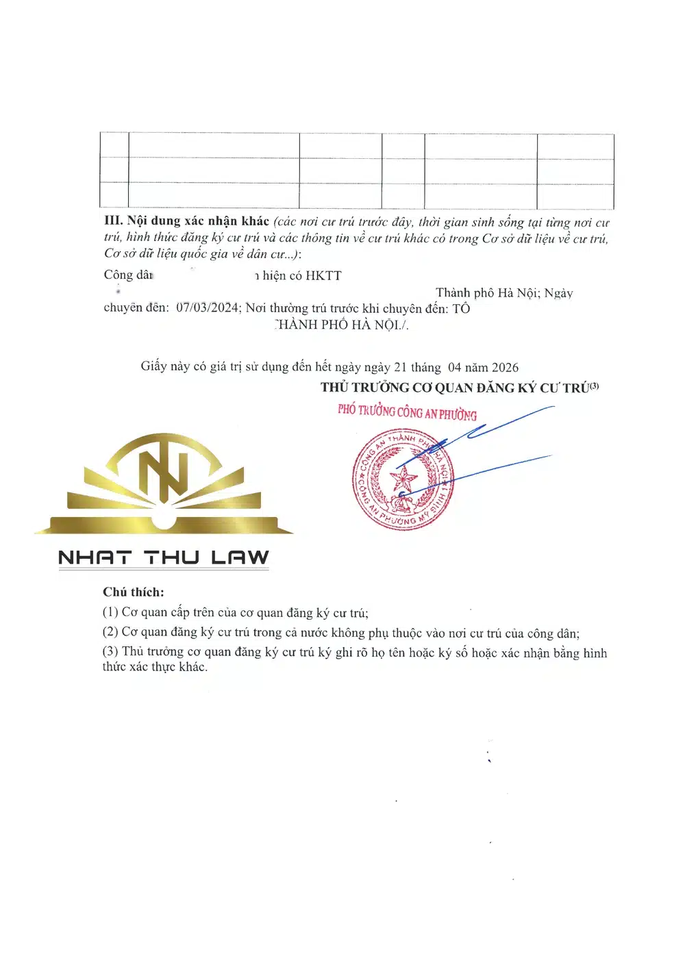 Mục III của mẫu CT07 ghi ngày chuyển đến và nơi thường trú trước khi chuyển đến, thông tin cá nhân đã được che